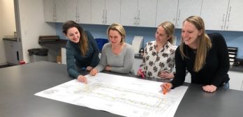 Jess Nicole Jenn Brittney look at a plan scaled
